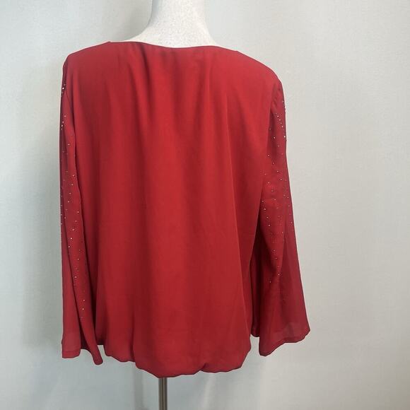 Alfani Blouse Tunic size Large Red Sheer Silver Studs Wedding Cocktail Evening - Picture 7 of 8
